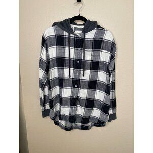 American Eagle Womens Black White Plaid Button-Front Hoodie Shirt M cotton